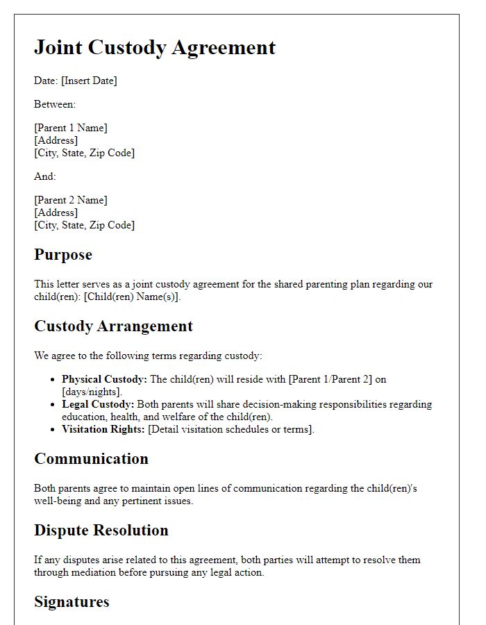 Letter template of joint custody agreement for shared parenting plans