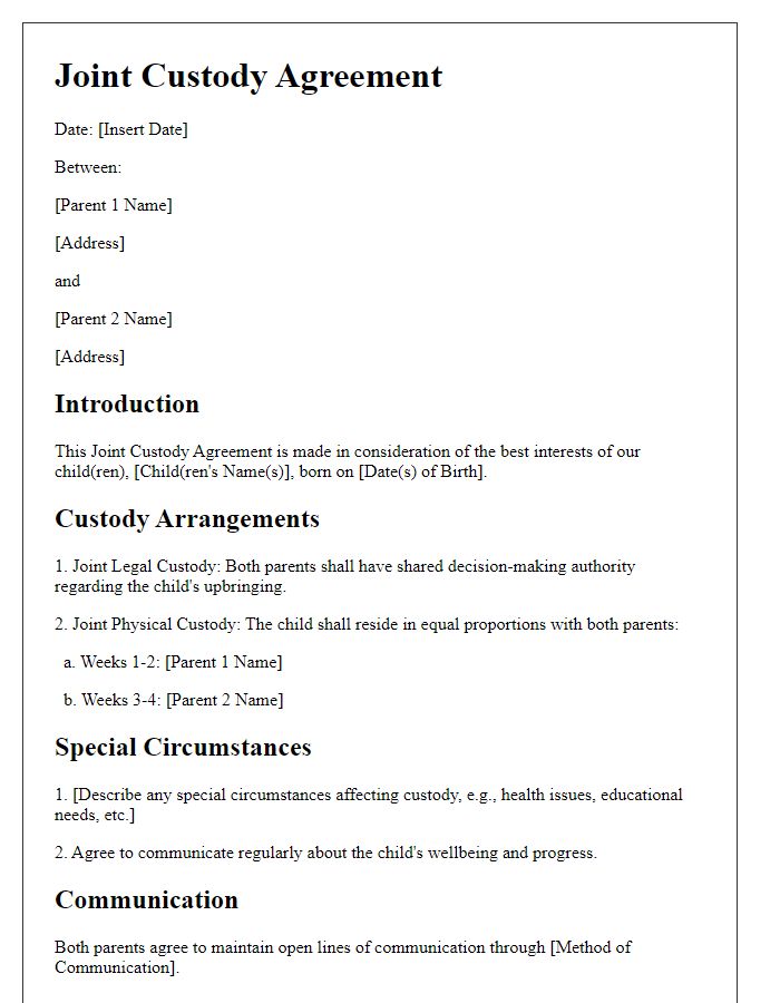 Letter template of joint custody agreement for special circumstances