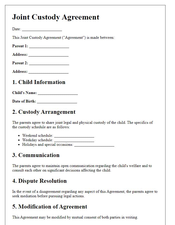 Letter template of joint custody agreement for unmarried parents