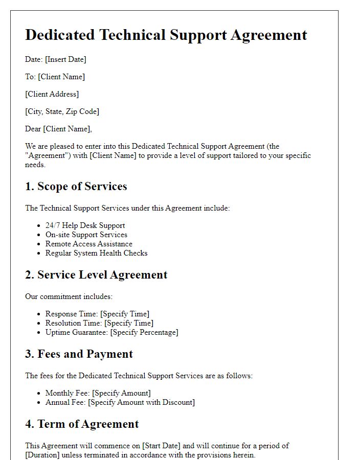 Letter template of Dedicated Technical Support Agreement