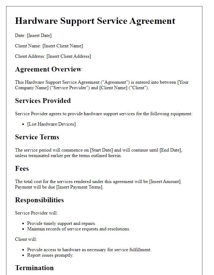 Letter template of Hardware Support Service Agreement