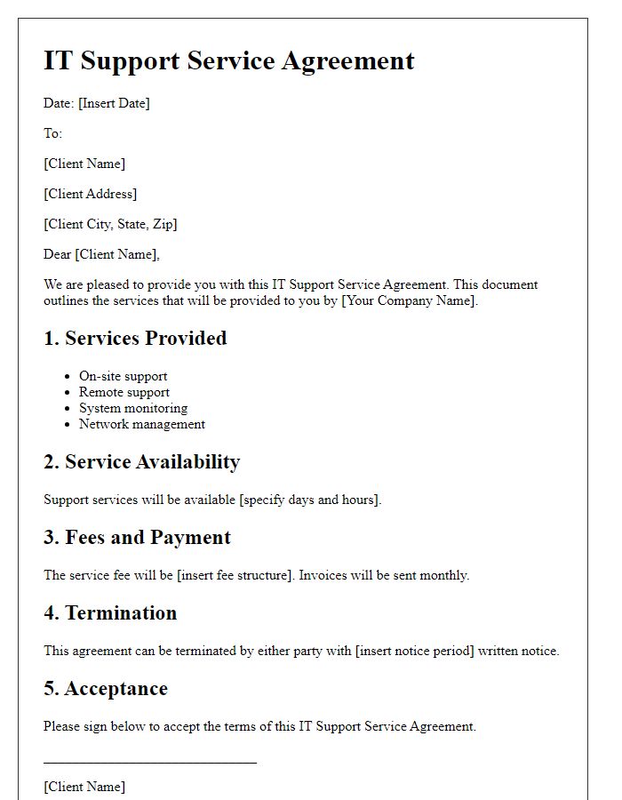 Letter template of IT Support Service Agreement