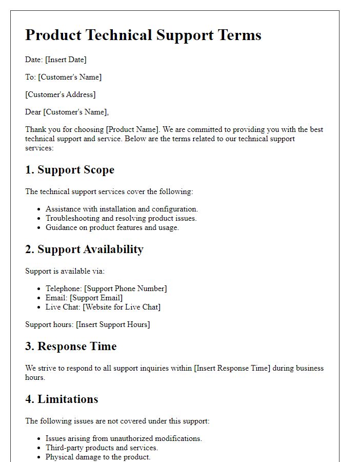 Letter template of Product Technical Support Terms