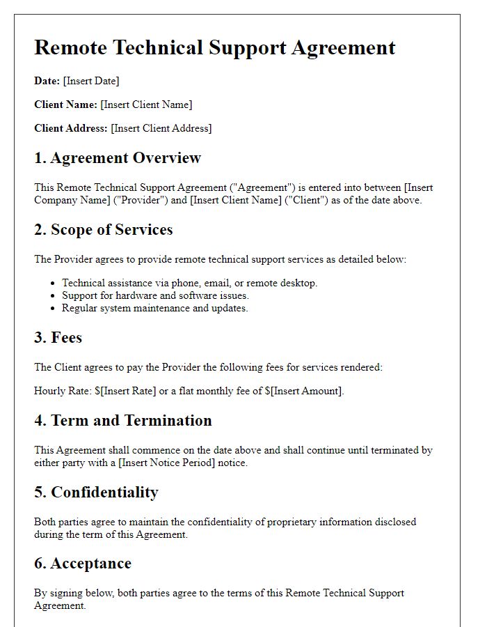 Letter template of Remote Technical Support Agreement