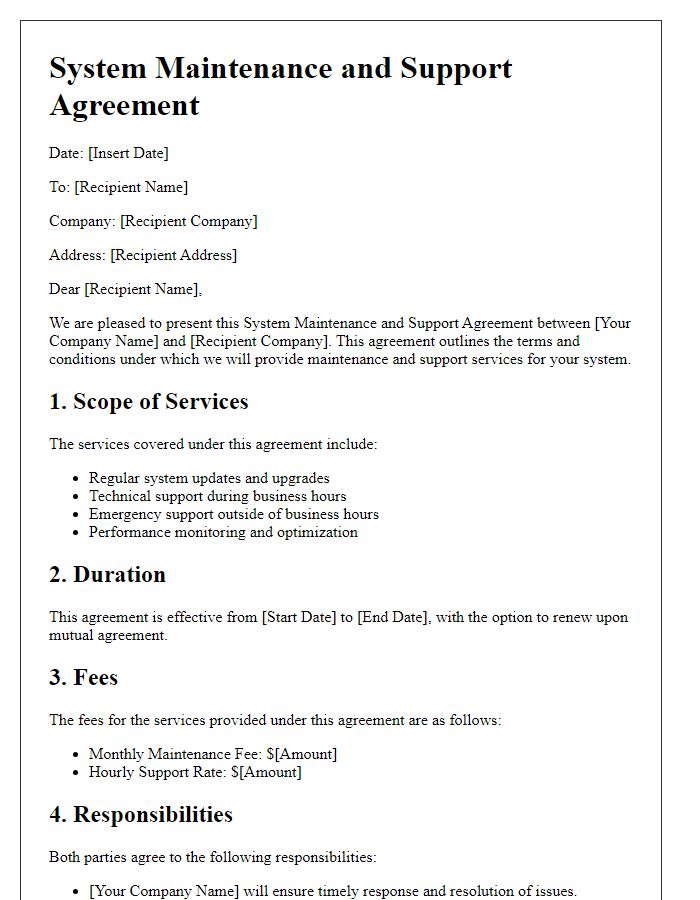 Letter template of System Maintenance and Support Agreement