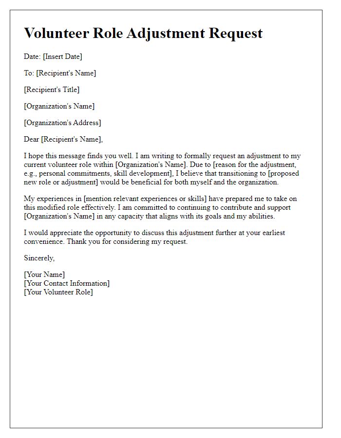 Letter template of formal communication for volunteer role adjustment