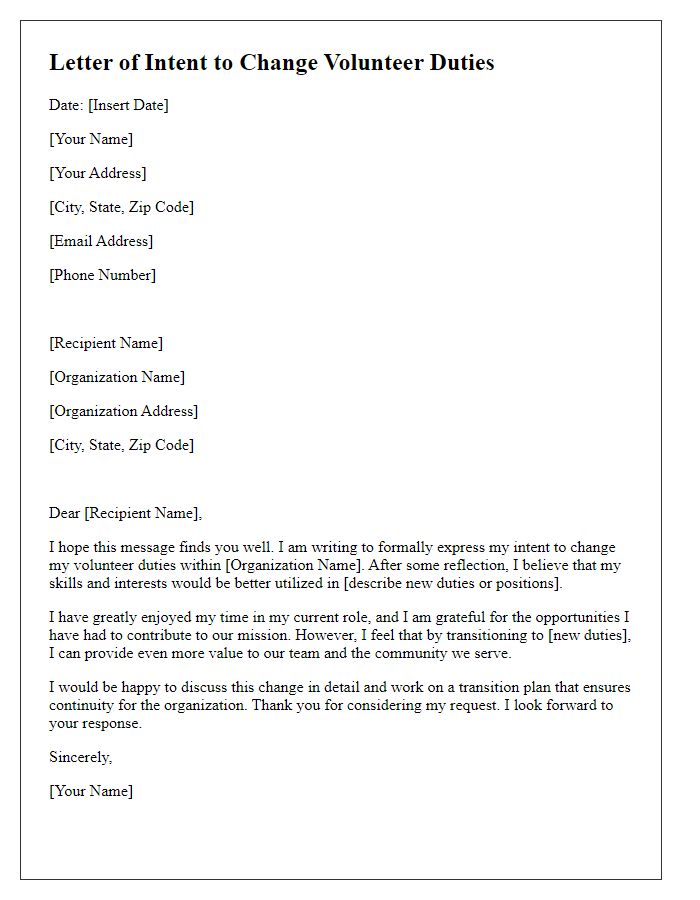 Letter template of intent to change volunteer duties