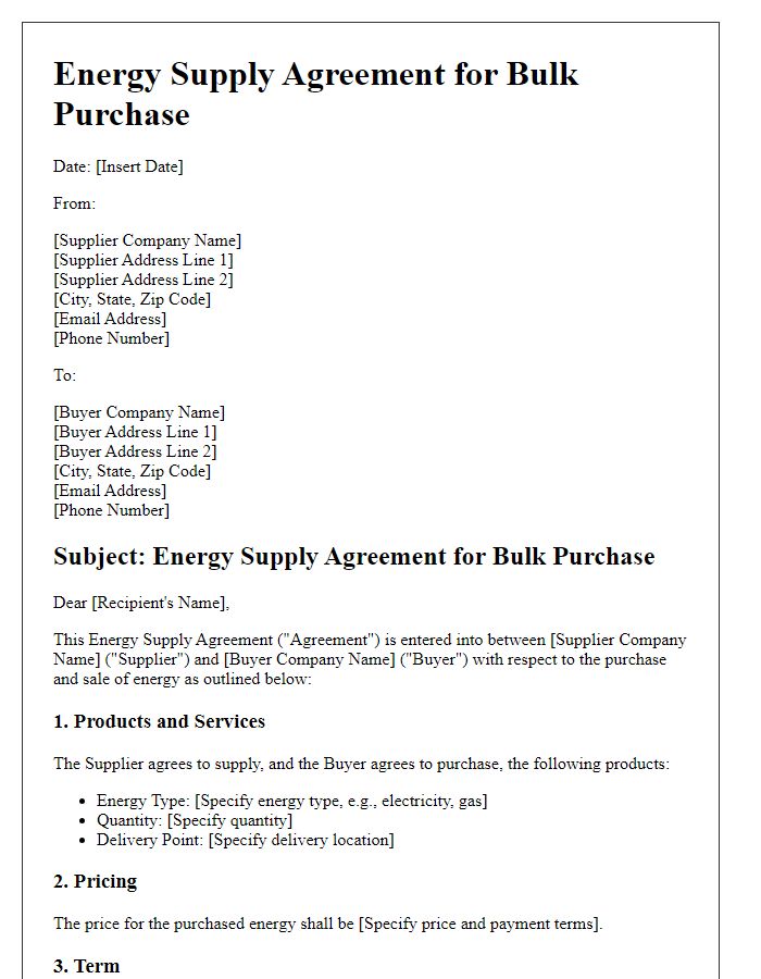 Letter template of Energy Supply Agreement for Bulk Purchase