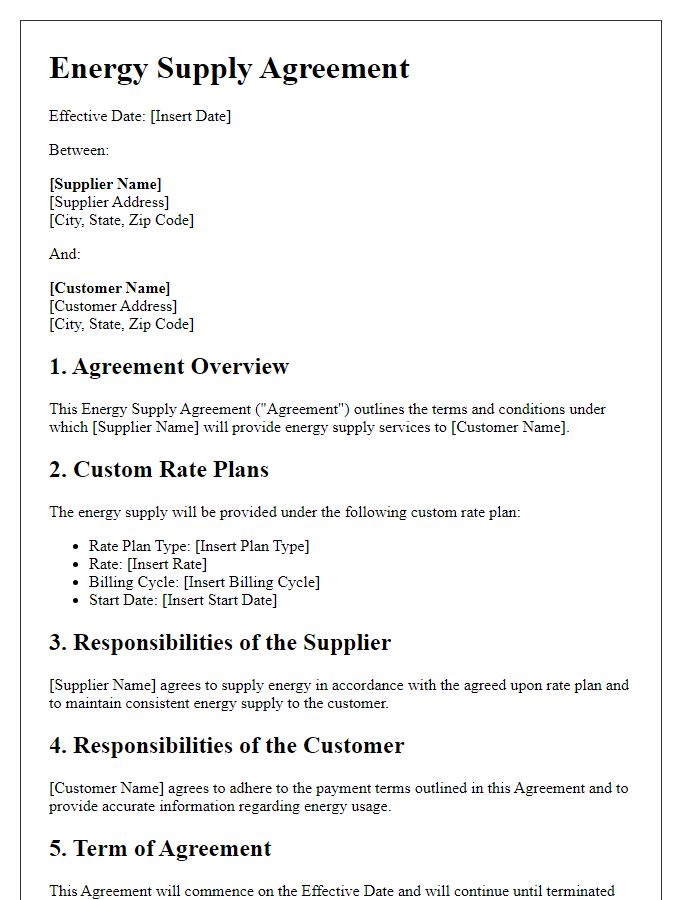 Letter template of Energy Supply Agreement for Custom Rate Plans