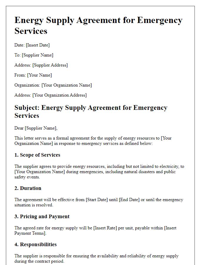 Letter template of Energy Supply Agreement for Emergency Services