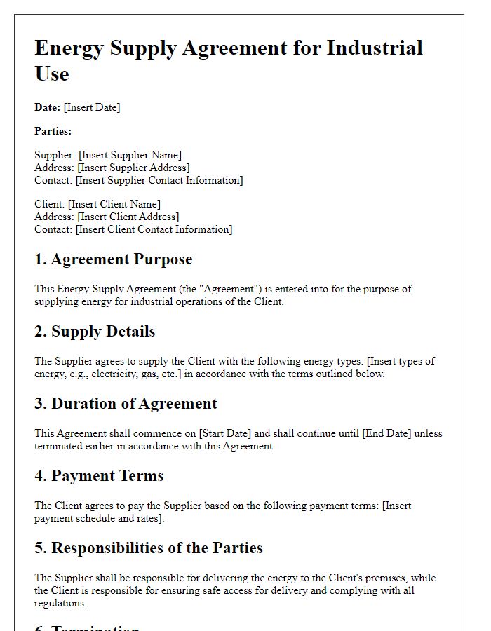 Letter template of Energy Supply Agreement for Industrial Use