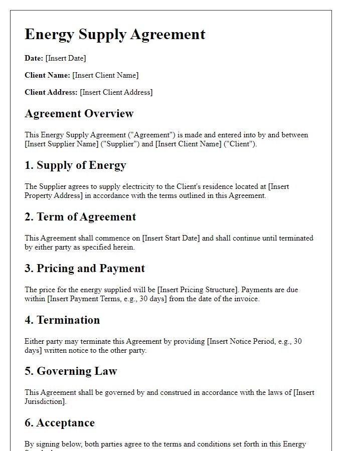 Letter template of Energy Supply Agreement for Residential Clients