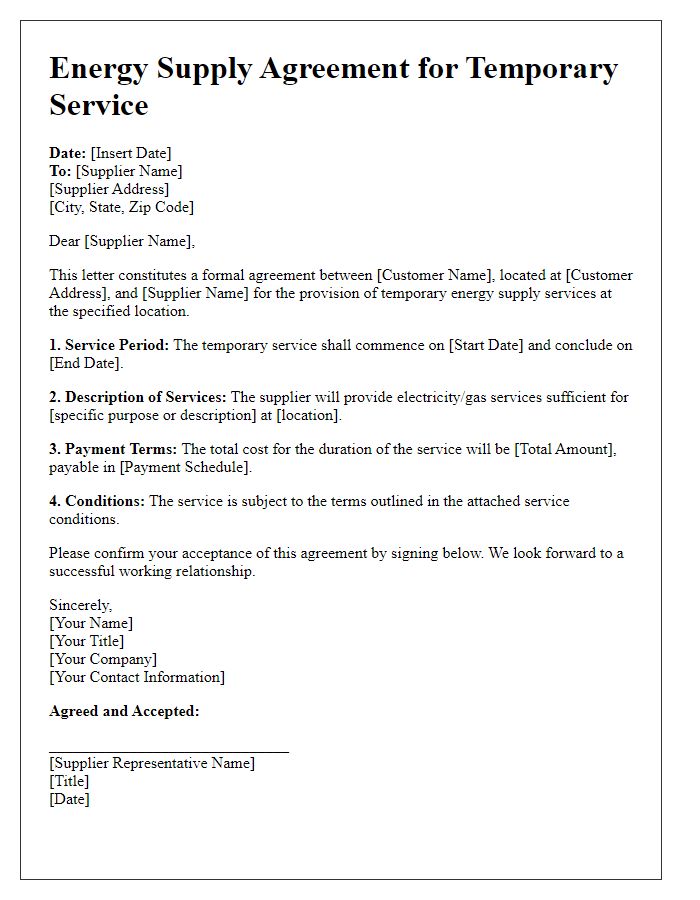 Letter template of Energy Supply Agreement for Temporary Service