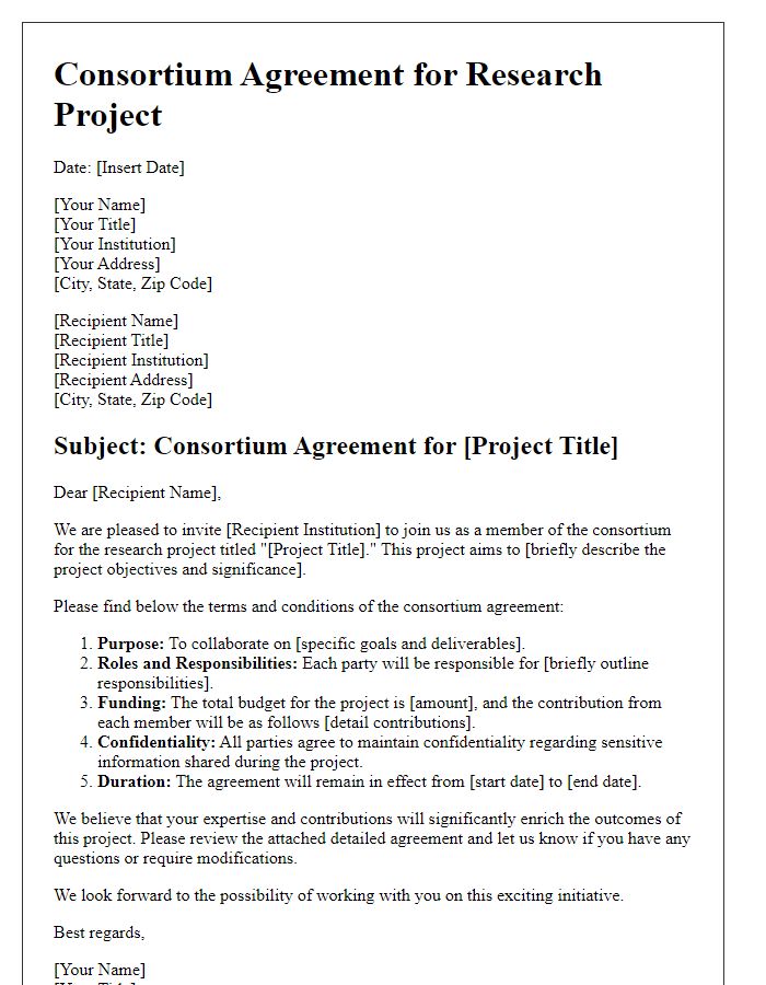 Letter template of consortium agreement for research project