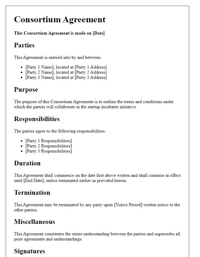 Letter template of consortium agreement for startup incubator