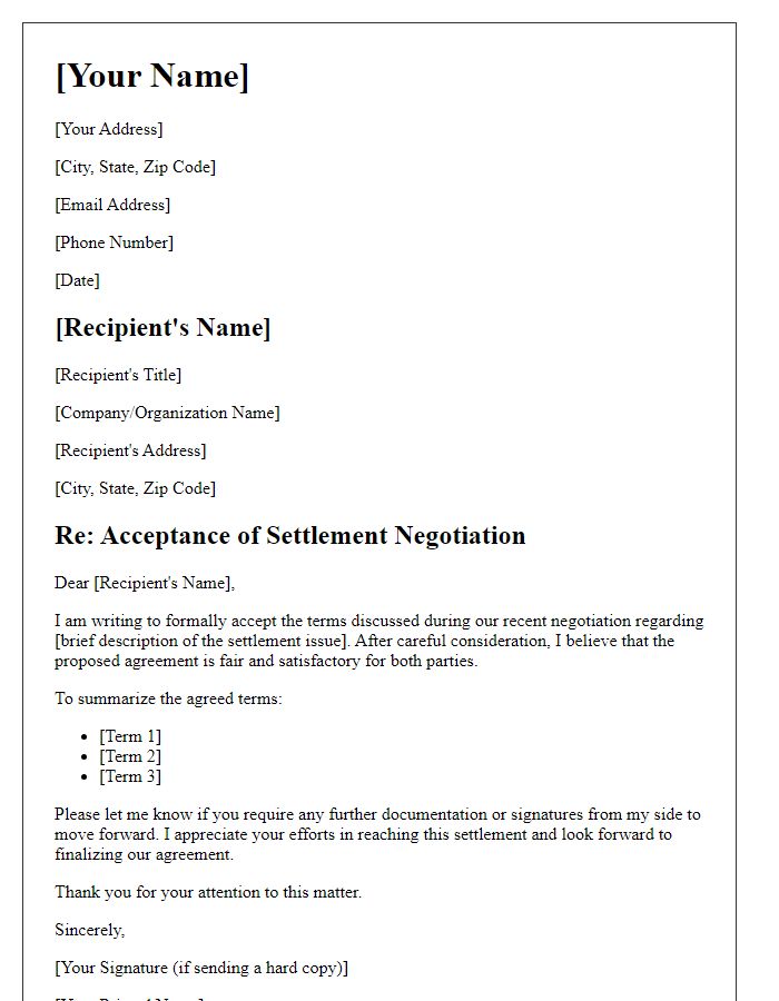 Letter template of settlement negotiation acceptance.