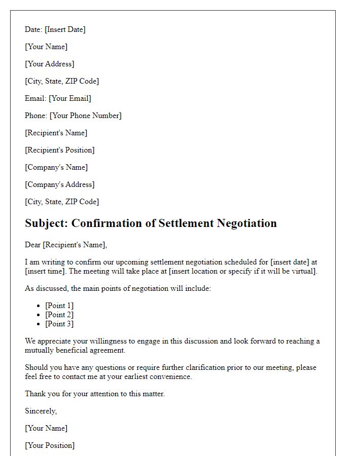 Letter template of settlement negotiation confirmation.