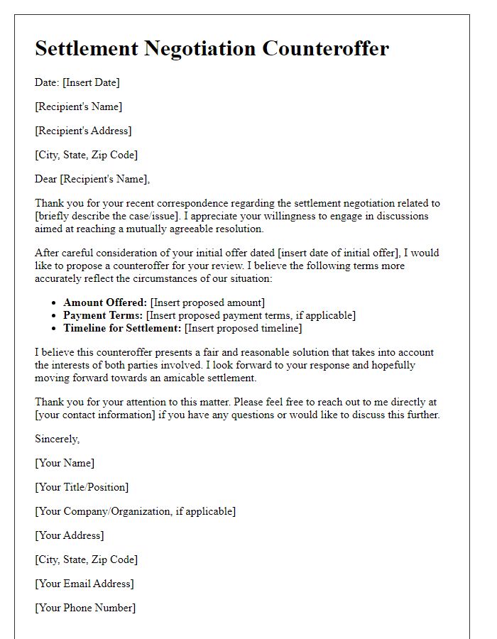 Letter template of settlement negotiation counteroffer.