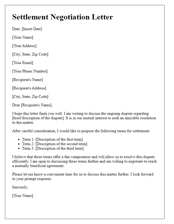 Letter template of settlement negotiation dispute resolution.