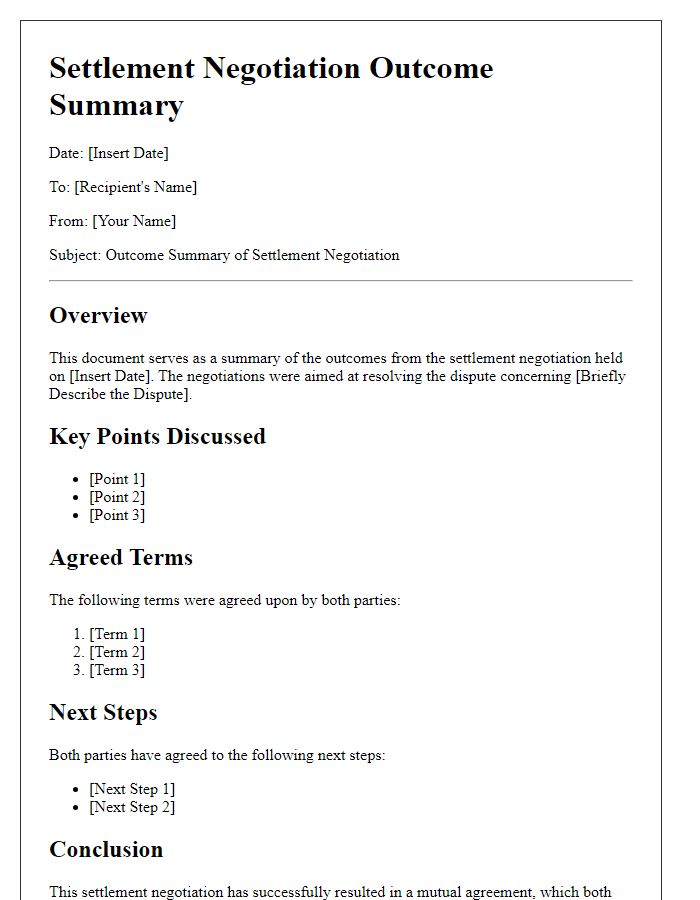 Letter template of settlement negotiation outcome summary.