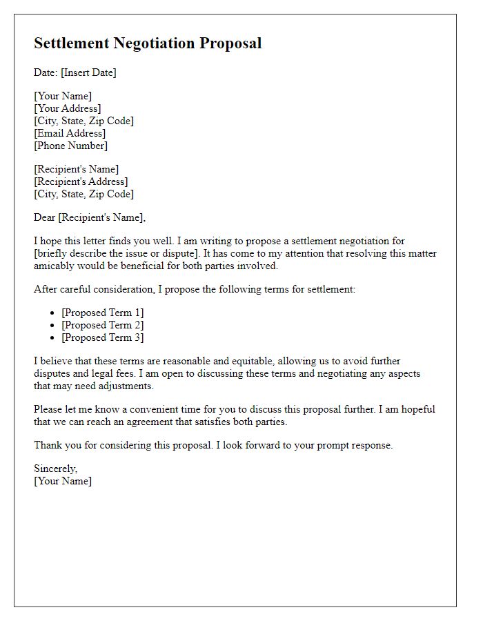 Letter template of settlement negotiation proposal.