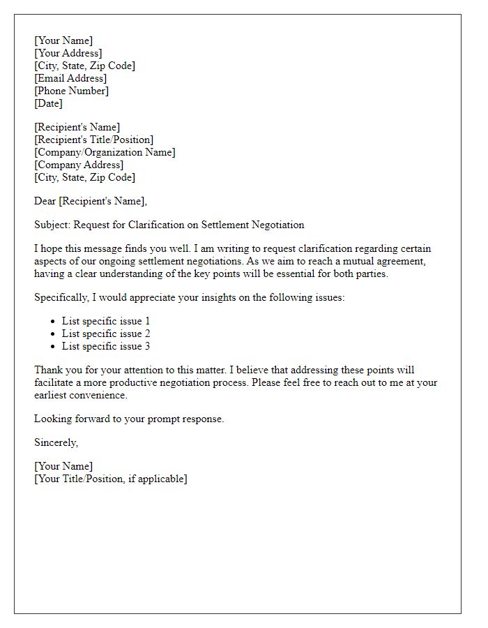 Letter template of settlement negotiation request for clarification.