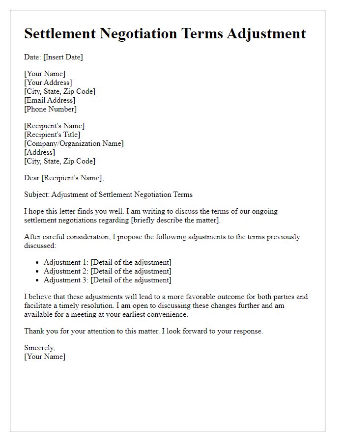 Letter template of settlement negotiation terms adjustment.