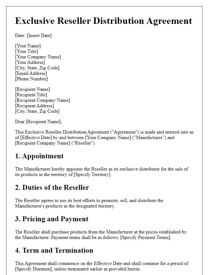 Letter template of Exclusive Reseller Distribution Agreement