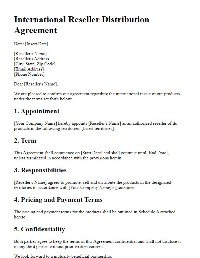 Letter template of International Reseller Distribution Agreement