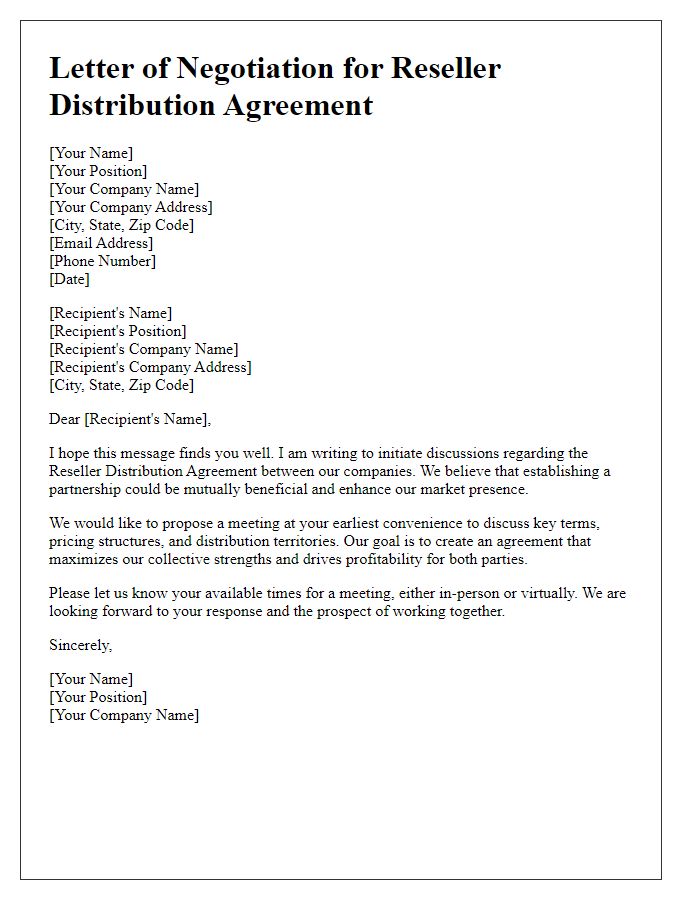 Letter template of Reseller Distribution Agreement Negotiation