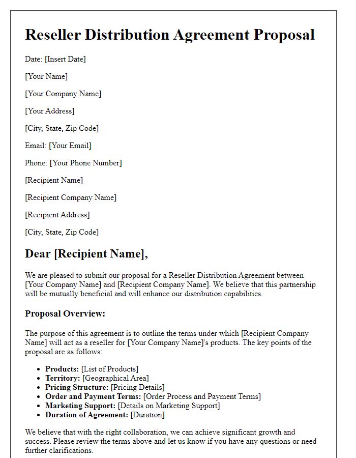 Letter template of Reseller Distribution Agreement Proposal