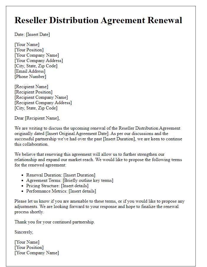 Letter template of Reseller Distribution Agreement Renewal