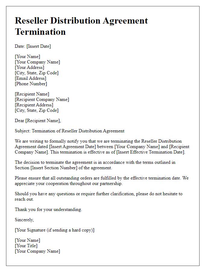 Letter template of Reseller Distribution Agreement Termination