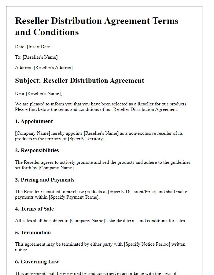 Letter template of Reseller Distribution Agreement Terms and Conditions