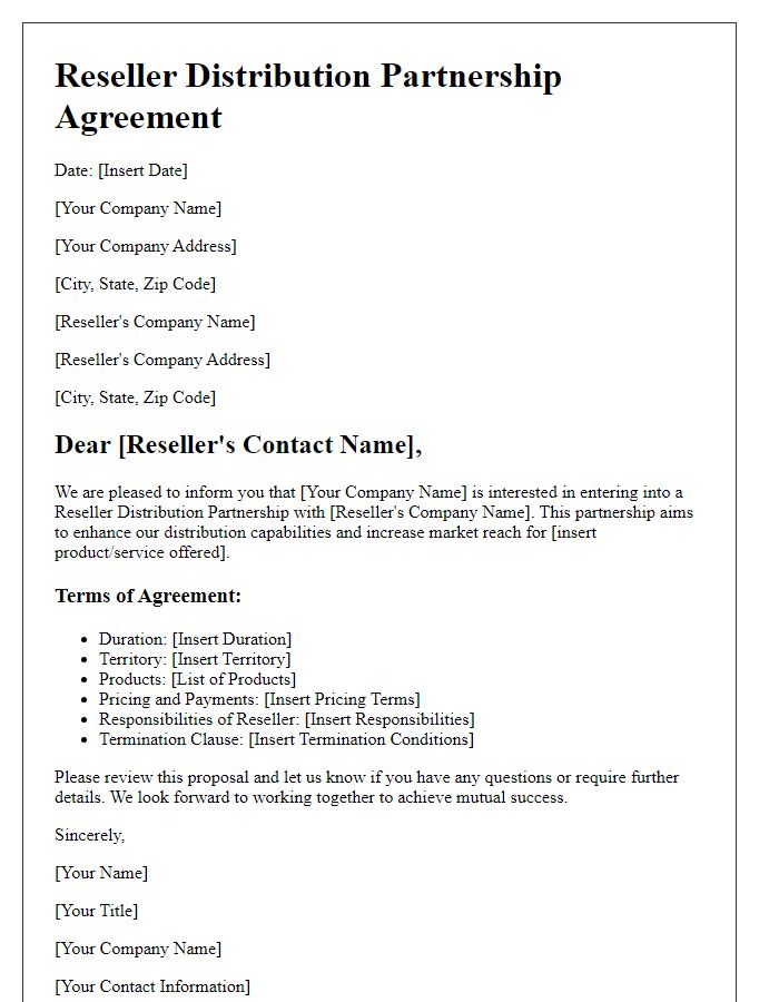 Letter template of Reseller Distribution Partnership Agreement