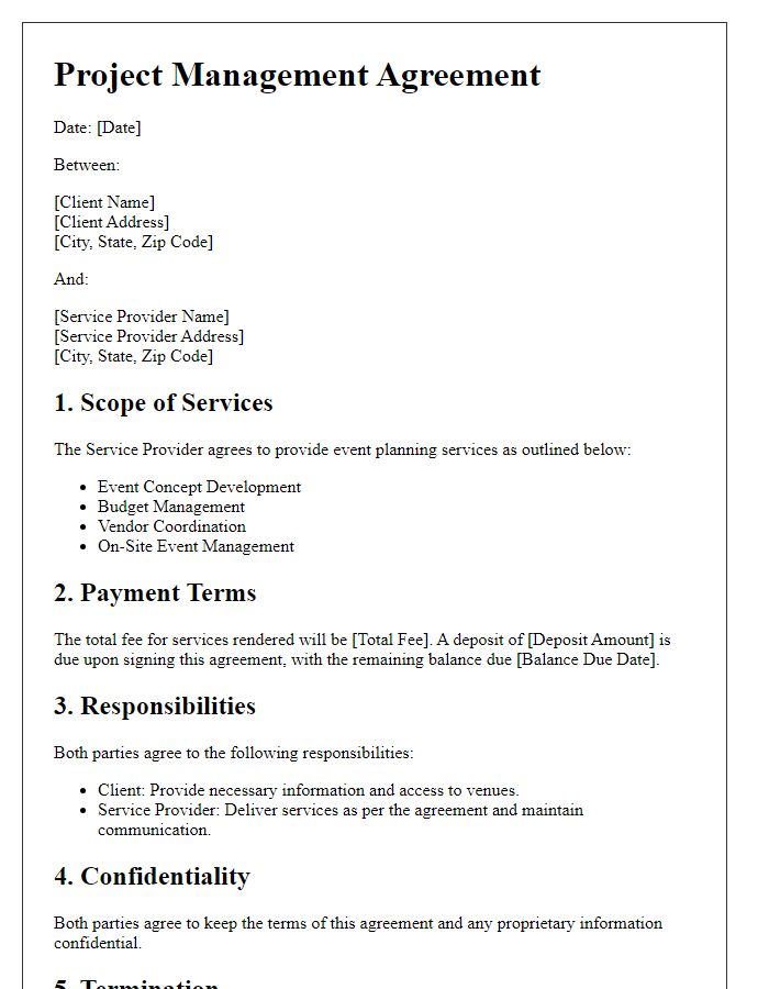 Letter template of project management agreement for event planning services.