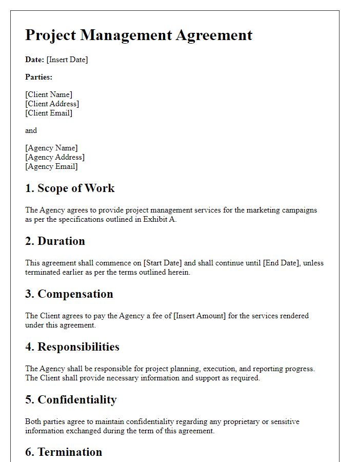 Letter template of project management agreement for marketing campaigns.