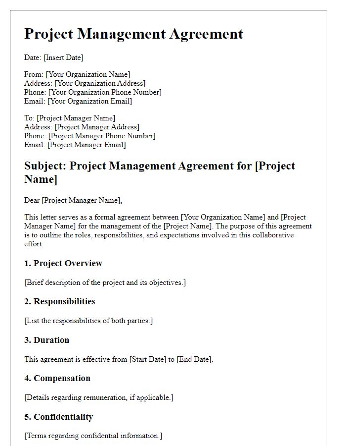 Letter template of project management agreement for non-profit organizations.