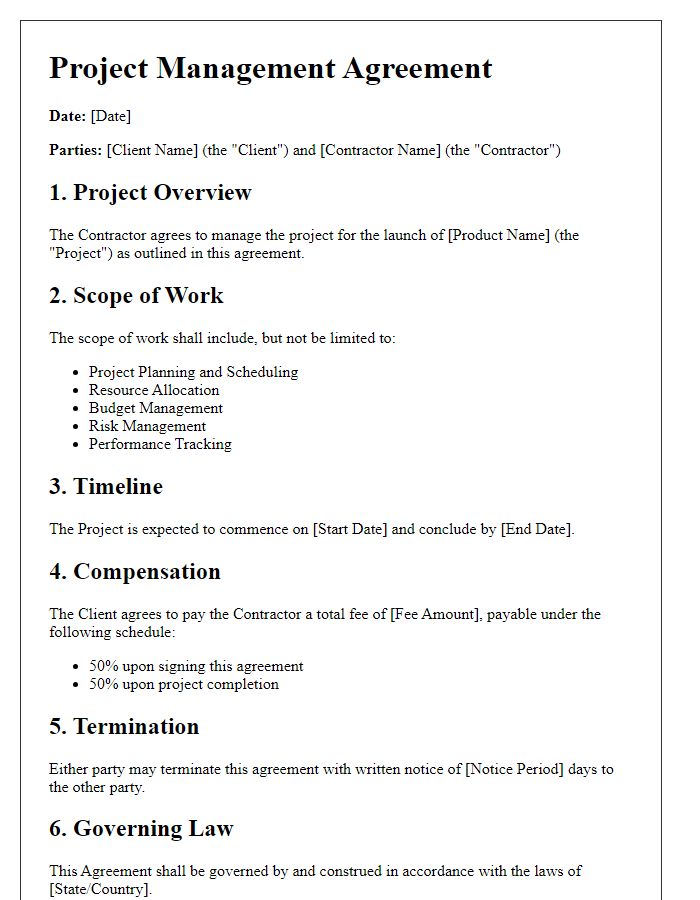 Letter template of project management agreement for product launches.