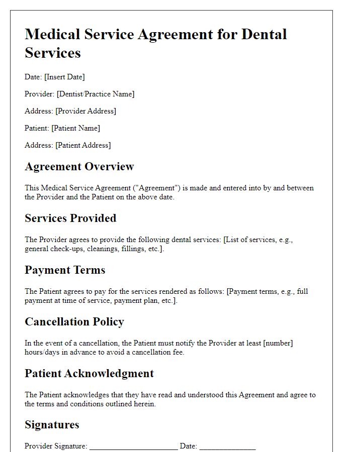 Letter template of Medical Service Agreement for Dental Services