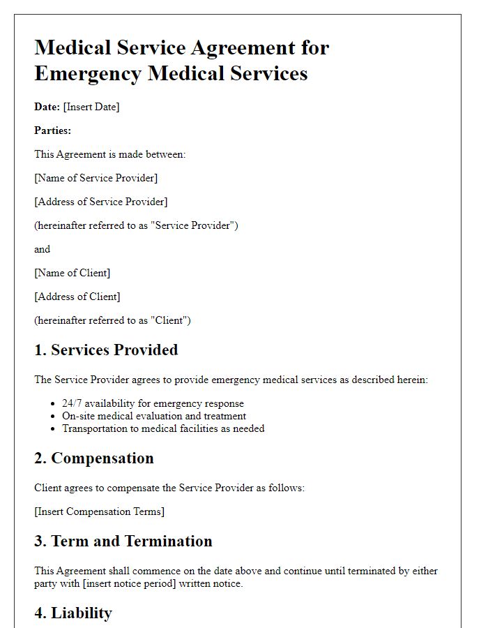 Letter template of Medical Service Agreement for Emergency Medical Services