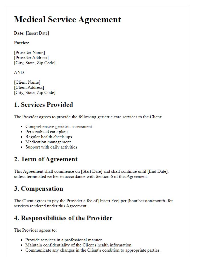 Letter template of Medical Service Agreement for Geriatric Care Services