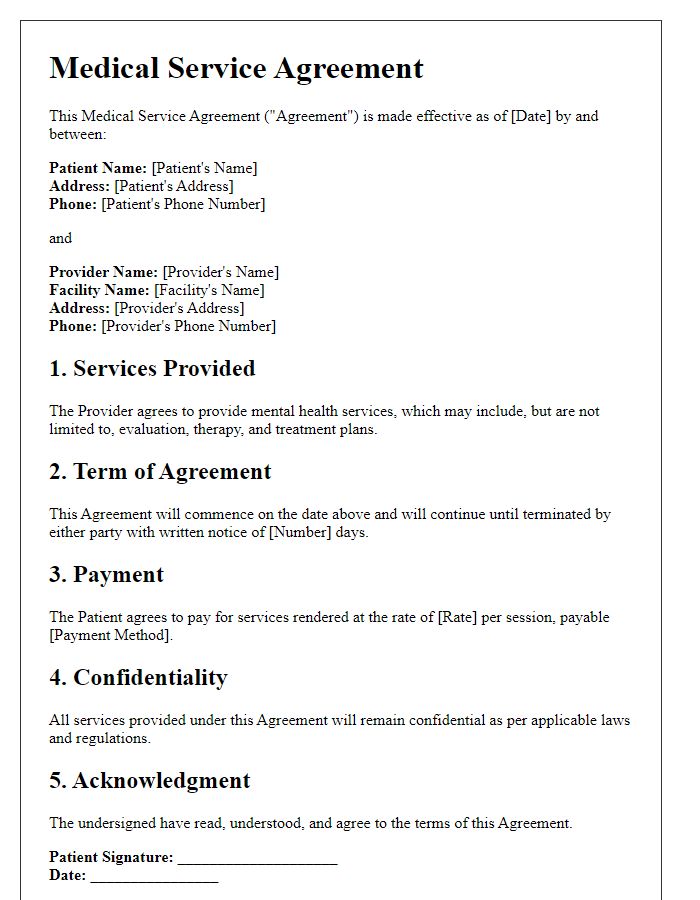 Letter template of Medical Service Agreement for Mental Health Services