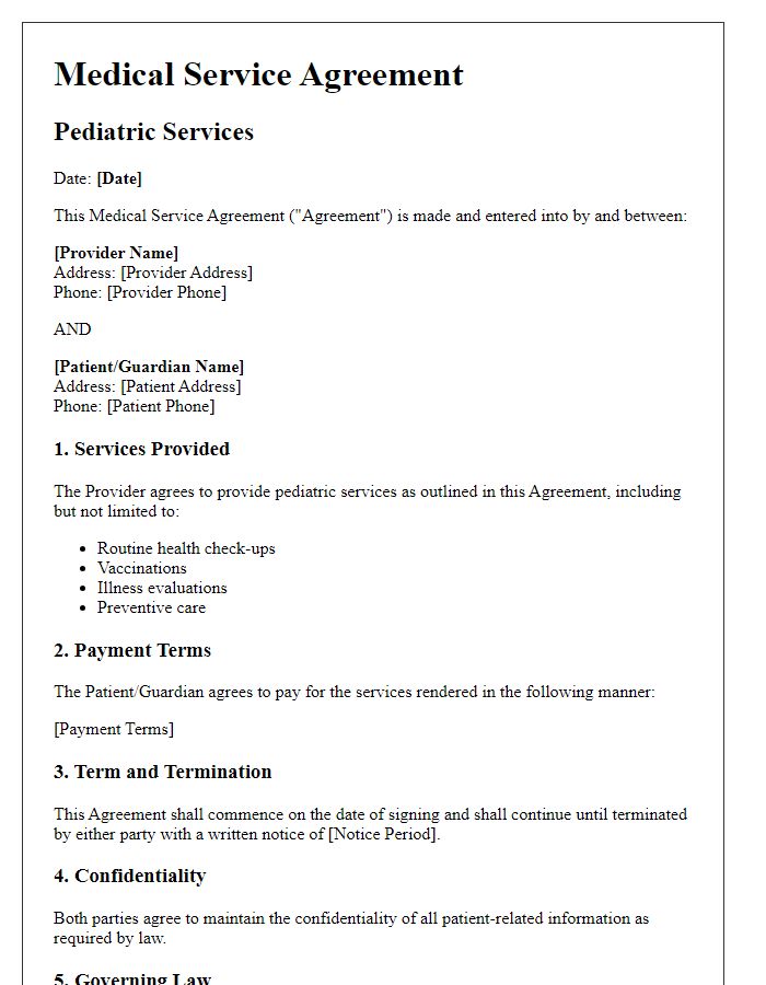 Letter template of Medical Service Agreement for Pediatric Services