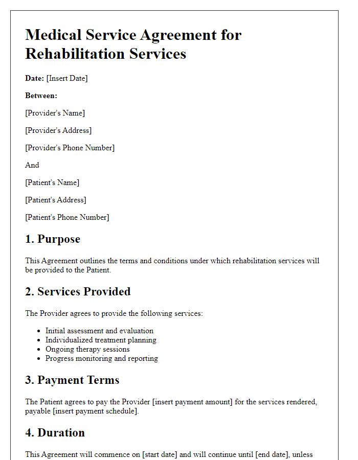 Letter template of Medical Service Agreement for Rehabilitation Services