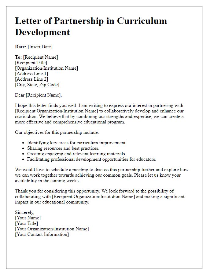 Letter template of curriculum development partnership