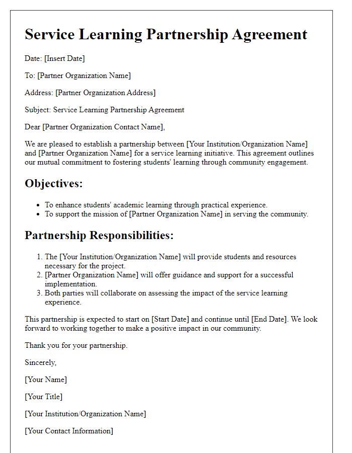 Letter template of service learning partnership agreement