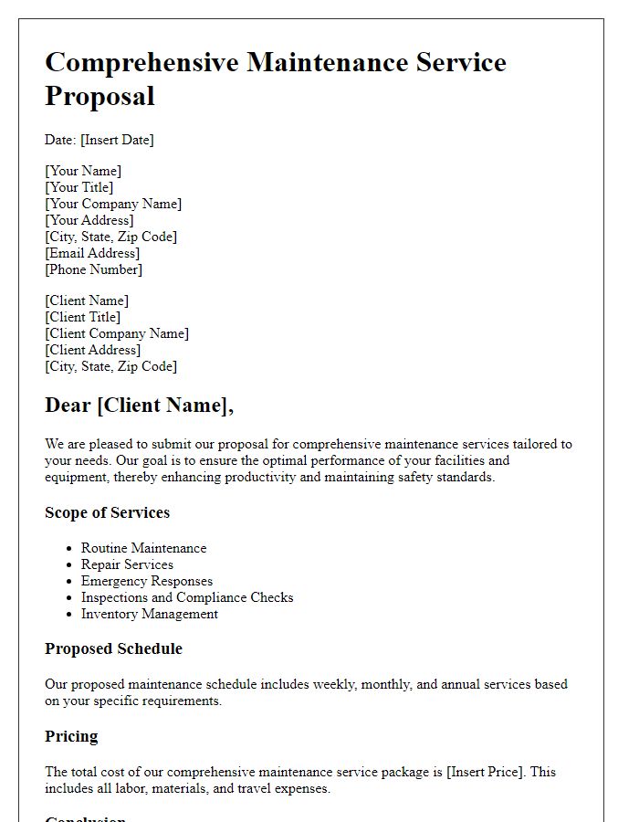 Letter template of Comprehensive Maintenance Service Proposal