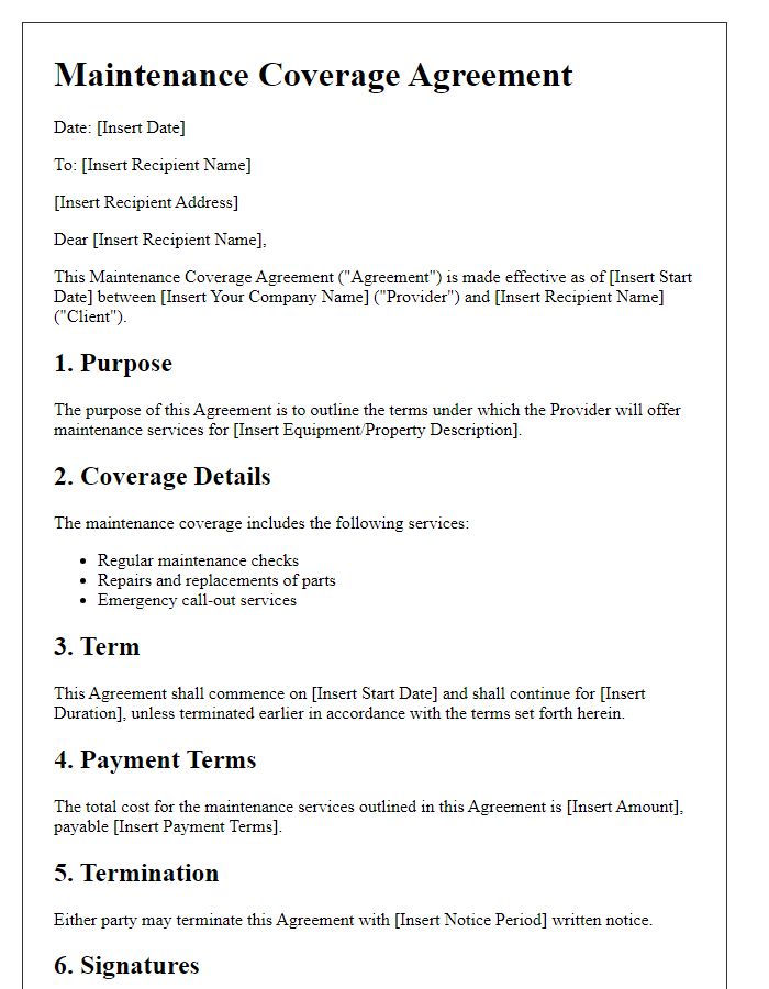 Letter template of Maintenance Coverage Agreement