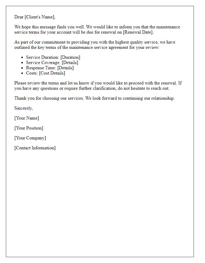 Letter template of Maintenance Service Terms Renewal